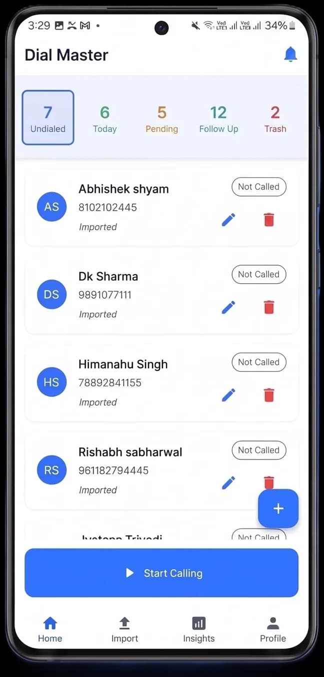 DialMaster on Android showing an imported lead list ready to auto-dial