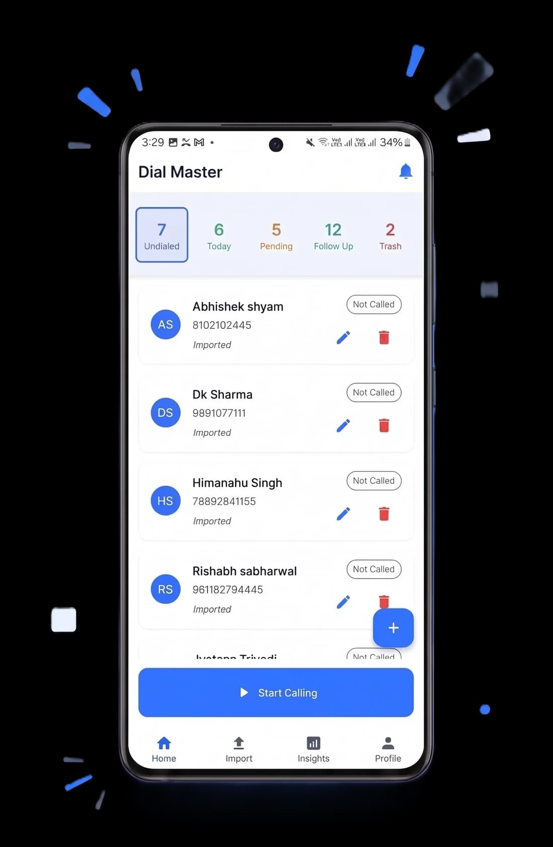 DialMaster on Android showing an imported lead list ready to auto-dial